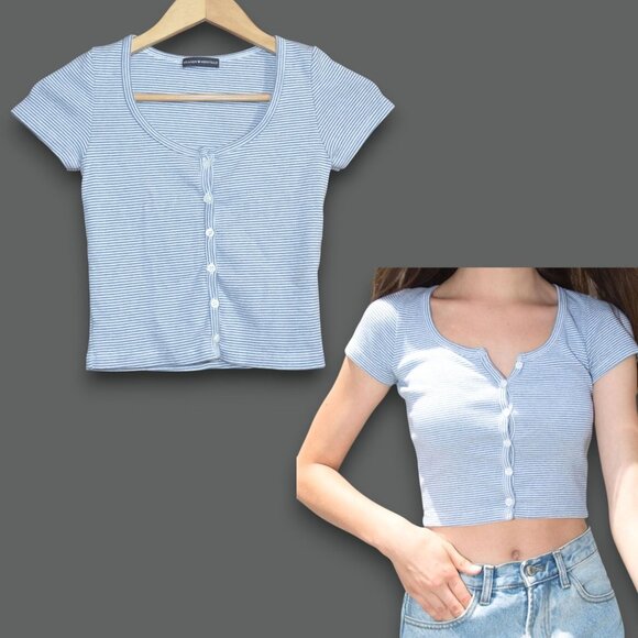 Brandy Melville Women's Blue and White Crop Top Button Down Zelly Shirt - Picture 1 of 7